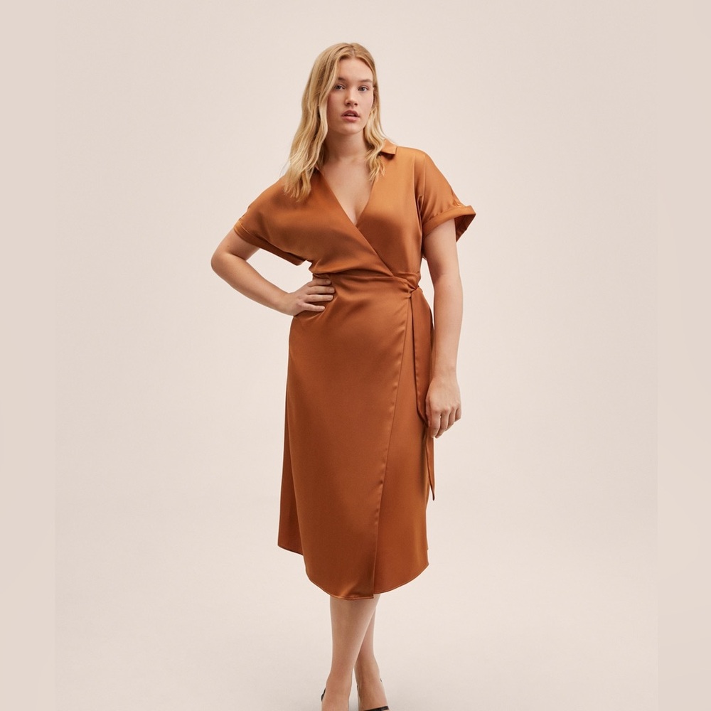 Mango Satin shirt dress | size 16 | orange gold
